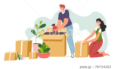 Man and woman moving in unpacking boxes in flat 76734202