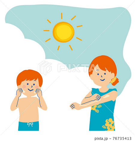 日焼け止めを塗る水着の子供と女性のイラスト 76735413