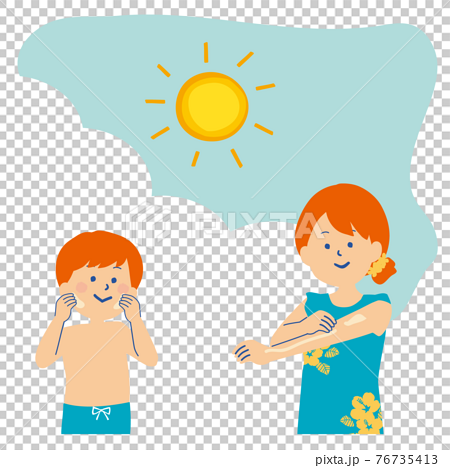 日焼け止めを塗る水着の子供と女性のイラストのイラスト素材