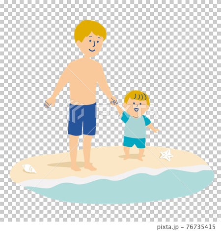 Illustration of a little boy and dad who came to the sea Illustration of a little boy and dad who came to the sea 76735415