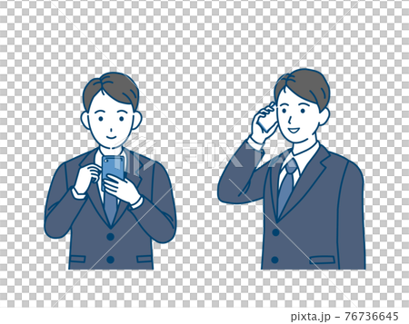 スマートフォンを使うスーツ姿の男性　携帯電話　会社員　ビジネスマン　上半身　イラスト素材 76736645