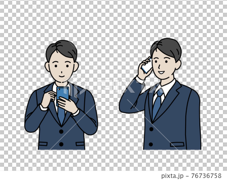 スマートフォンを使うスーツ姿の男性　携帯電話　会社員　ビジネスマン　上半身　イラスト素材 76736758