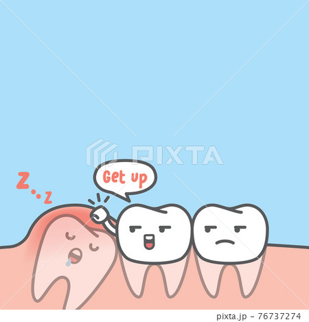 Blank banner dental cartoon of white teeth try to get the impaction tooth up by knocking gum illustration cartoon character vector design on blue background. Dental care concept. 76737274