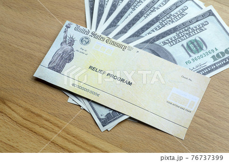 USA dollars background. American rescue plan, USA relief program, stimulus check and Act of 2021 concept. Money, business, profit and livelihood idea 76737399