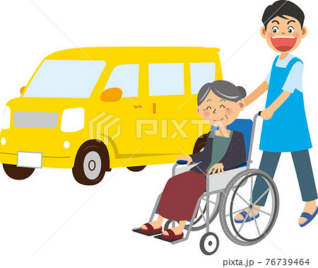 車椅子を押している男性と自動車のイメージイラスト 介護 のイラスト素材