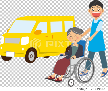 車椅子を押している男性と自動車のイメージイラスト 介護 のイラスト素材