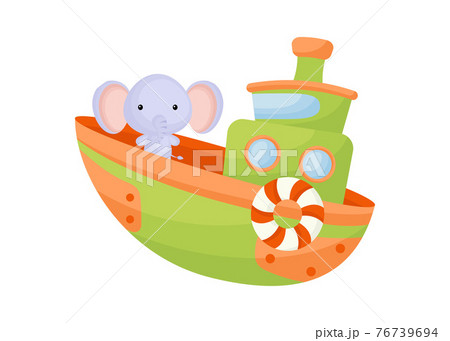Cute little elephant sailing on green ship. Cartoon character for childrens book, album, baby shower, greeting card, party invitation, house interior. Vector stock illustration. 76739694