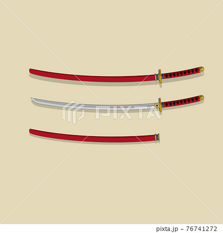 Red katana (Japanese sword) illustration set. Samurai's weapon. Katana with red sheath 76741272