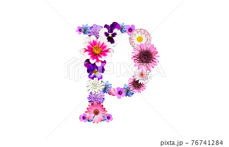 花でデコレーションしたアルファベットの小文字のp 花文字 の写真素材