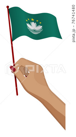 Female hand gently holds small Macau flag. Holiday design element. Cartoon vector on white background