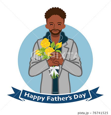 黄色い薔薇の花束を持つ黒人の男性 父の日のクリップアートのイラスト素材