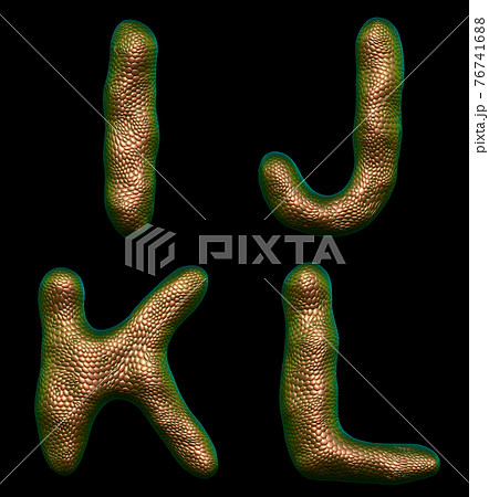 Set of letters I, J, K, L made of realistic 3d render natural gold snake skin texture. Set of letters I, J, K, L made of realistic 3d render natural gold snake skin texture. 76741688