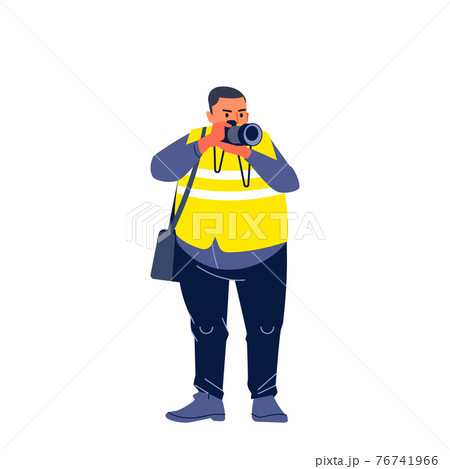 Photojournalist, cameraman documenting war and conflict, street riots. Character Journalist photographer making pictures. Cartoon flat style design vector illustration isolated on white background 76741966