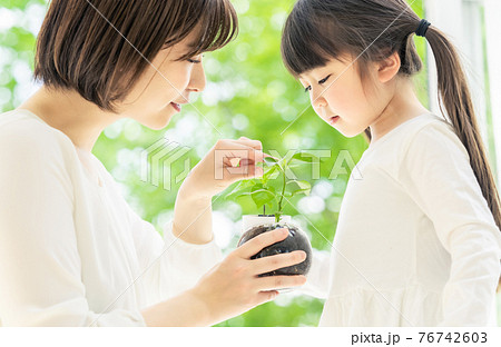 植物を見る親子　環境保護イメージ 76742603