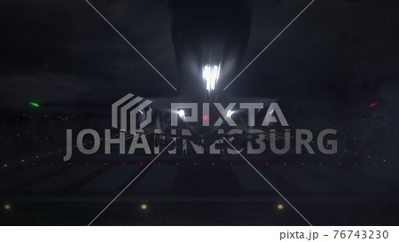 Airliner taking off from the airport runway and JOHANNESBURG city name, 3d rendering 76743230