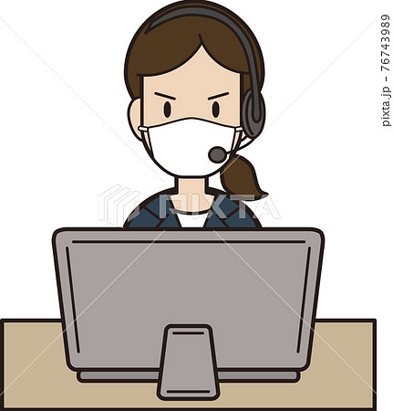パソコン入力をしながら電話応対をするスーツの代 30代女性 コールセンター マスク 怒るのイラスト素材