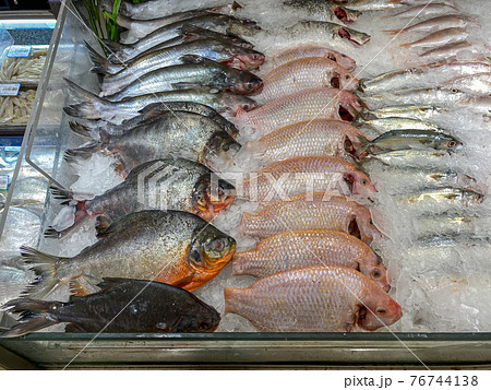 Assortment of raw fish on frozen ice at supermarket  76744138