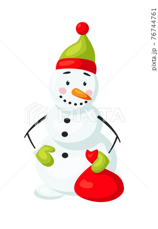 Funny snowman Santa with gift bag isolated on white 76744761