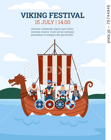 Viking festival poster with warriors in drakkar boat, flat vector illustration. Viking festival poster with warriors in drakkar boat, flat vector illustration. 76744946