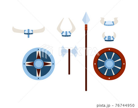 Vikings weapons and armours set of flat vector illustrations isolated on white. 76744950
