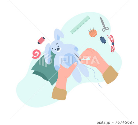 Top view on hands in process of sewing bunny toy, flat vector illustration. Top view on hands in process of sewing bunny toy, flat vector illustration. 76745037