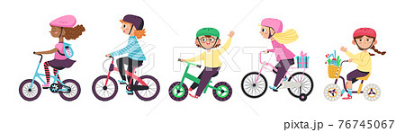 Happy children girls and boys biking on bikes a flat vector illustrations. 76745067