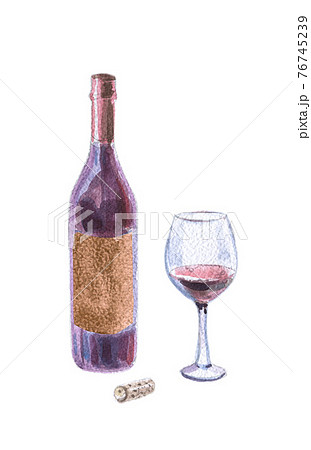 Watercolor illustration of wine bottles, goblet, cork 76745239