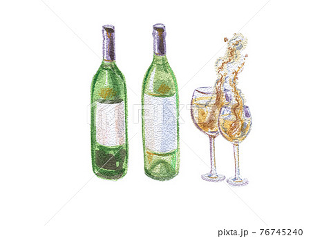 Two wine bottles and two wineglasses with splashing white wine 76745240