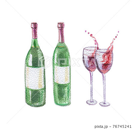 Two wine bottles and two wineglasses with splashing red wine 76745241