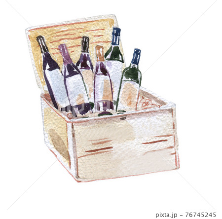 Watercolor illustration of wooden opened wine box, hand-drawn illustration 76745245