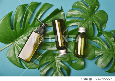 Natural skincare beauty product, Cosmetic bottle containers packaging with green nature leaves 76745557