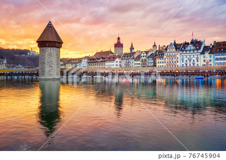 Dramatic sunset over historical Lucerne Old town, Switzerland Dramatic sunset over historical Lucerne Old town, Switzerland 76745904