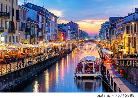 Naviglio Grande canal in Milan, Italy, on sunset 76745999