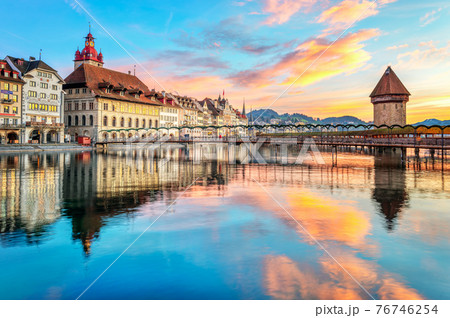 Chapel bridge and Old town of Lucerne, Switzerland 76746254