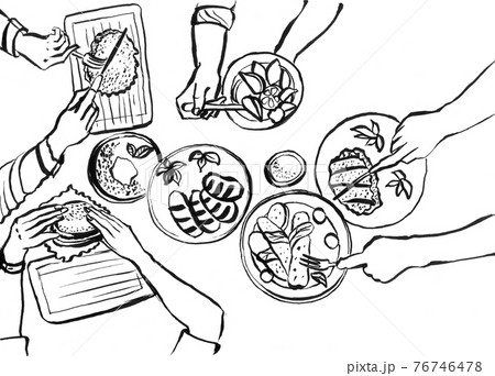 Hands with cutlery. Dining people, top view on table setting with human fork, knife, plate and tablet Hands with cutlery. Dining people, top view on table setting with human fork, knife, plate and tablet 76746478