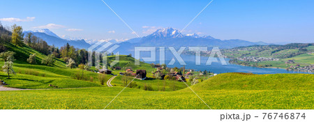 Lake Lucerne and Mount Pilatus in spring time, Switzerland 76746874