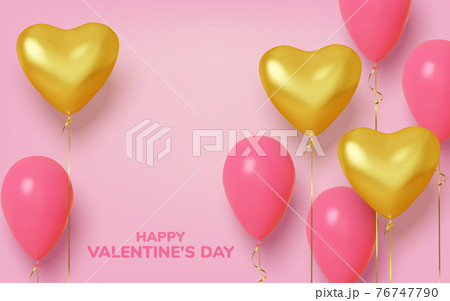 Valentine's day background with realistic balloons pink and gold in shape hearts. Love and wedding. Template for products, web banners and leaflets. Vector 76747790