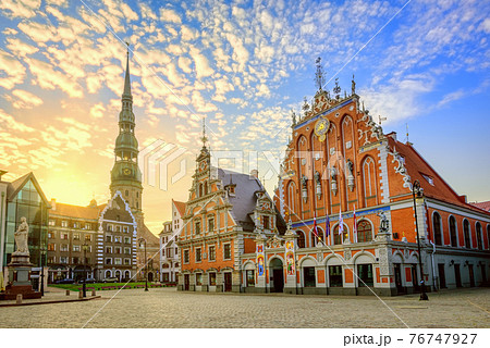 Riga city Old town center on sunrise, Latvia 76747927