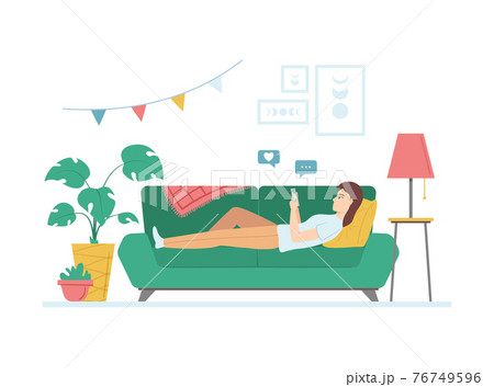 Cartoon Color Character Person Woman on Sofa with Smartphone Concept. Vector 76749596