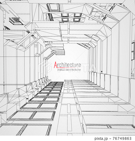 Architecture line background. Building construction sketch vector abstract. Modern city 3d project. Technology geometric grid. Wire blueprint house. Digital architect innovation wireframe. 76749863