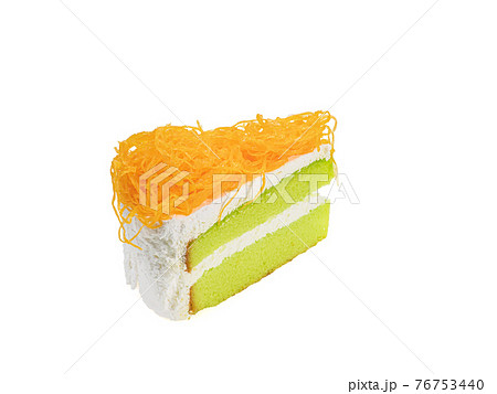 Sweet egg floss cake, a close up of Thai homemade sliced creamy cake bakery isolated on white background. Sweet egg floss cake, a close up of Thai homemade sliced creamy cake bakery isolated on white background. 76753440