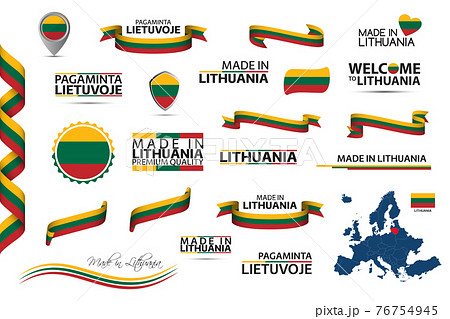 Big vector set of Lithuanian ribbons, symbols, icons and flags isolated on a white background. Made in Lithuania, premium quality, Irish national tricolor. Set for your infographics and templates 76754945
