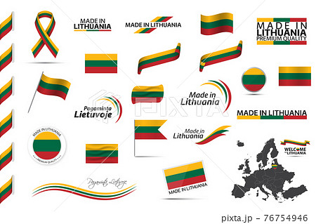 Big vector set of Lithuanian ribbons, symbols, icons and flags isolated on a white background. Made in Lithuania, premium quality, Irish national tricolor. Set for your infographics and templates 76754946