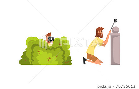 Bearded Man Paparazzi or Photographer Hiding with Photo Camera Vector Set Bearded Man Paparazzi or Photographer Hiding with Photo Camera Vector Set 76755013