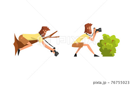 Bearded Man Paparazzi or Photographer Hiding with Photo Camera Vector Set 76755023