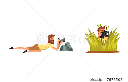 Bearded Man Paparazzi or Photographer Hiding with Photo Camera Vector Set 76755024