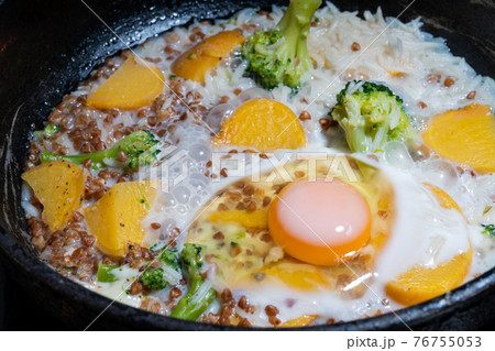 Egg and vegetables (turnip, broccoli) and buckwheat Egg and vegetables (turnip, broccoli) and buckwheat 76755053