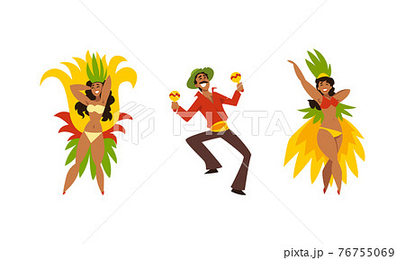 Brazilian Samba Dancer in Bright Feathered Costume and Musician Playing Maraca Vector Set 76755069