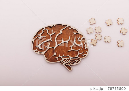 Alzheimer's disease and mental health concept. Brain and wooden puzzle on a desk Alzheimer's disease and mental health concept. Brain and wooden puzzle on a desk 76755800