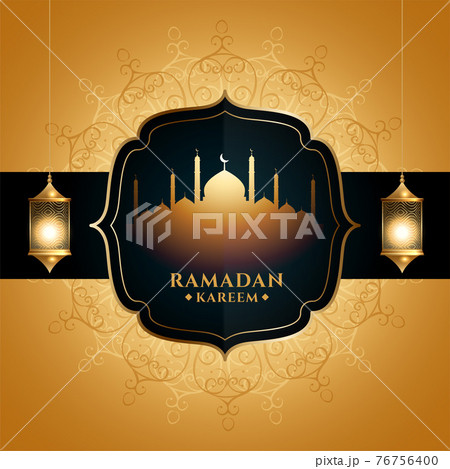 golden ramadan kareem greeting with mosque and lantern 76756400